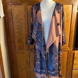 NWT Reborn Womens Blue & Tan Paisley Print Open Front Longline Cardigan. Sz XL